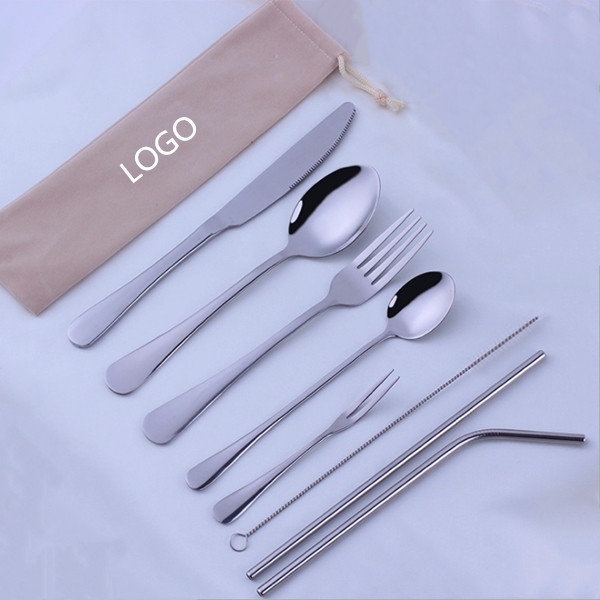 8 pc Stainless Steel Straw/Silverware Fork Spoon Straw Kit with pouch   WPRQ9147